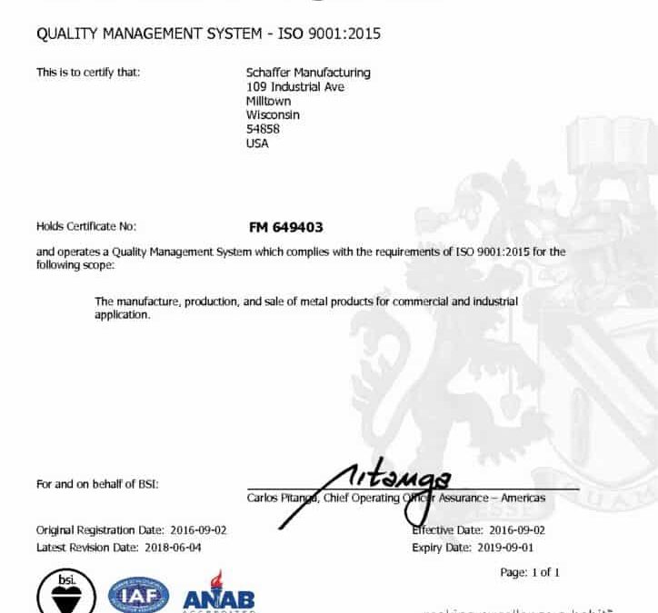 Schaffer Earns ISO 9001:2015 Quality Management Certification